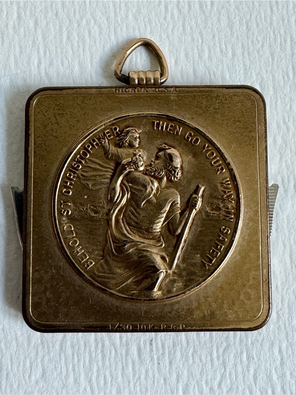 Rare WW2 10k rolled gold St.CHRISTOPHER Folding Square KNIFE and File Pendant